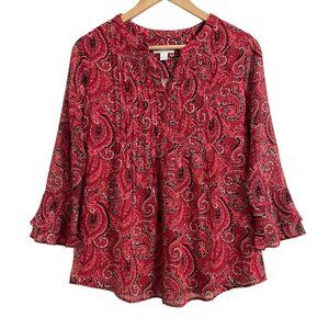 Charter Club Petite Medium PM Blouse Pintuck Paisley 3/4 Sleeves V-Neck Top